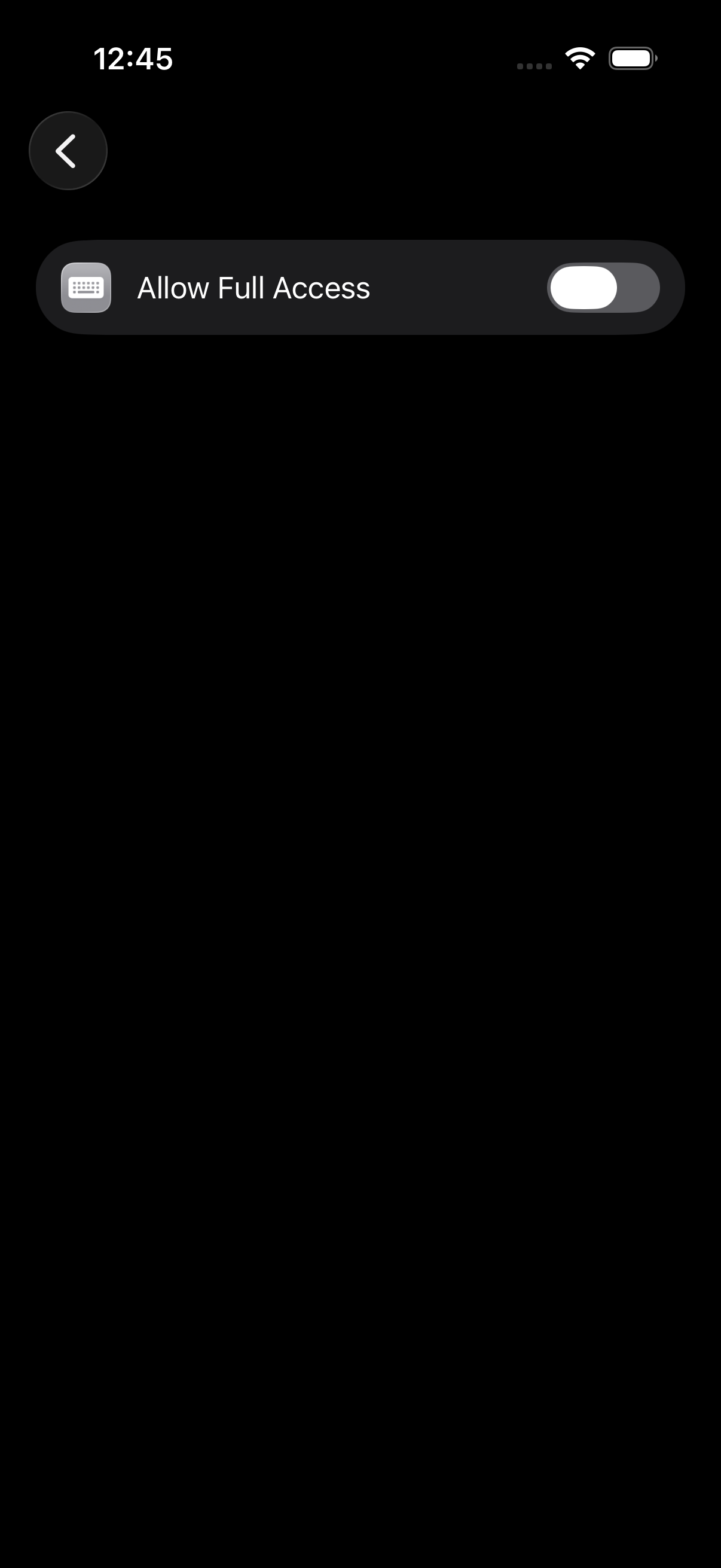 iPhone settings screen with the Allow Full Access switch for VersaKey