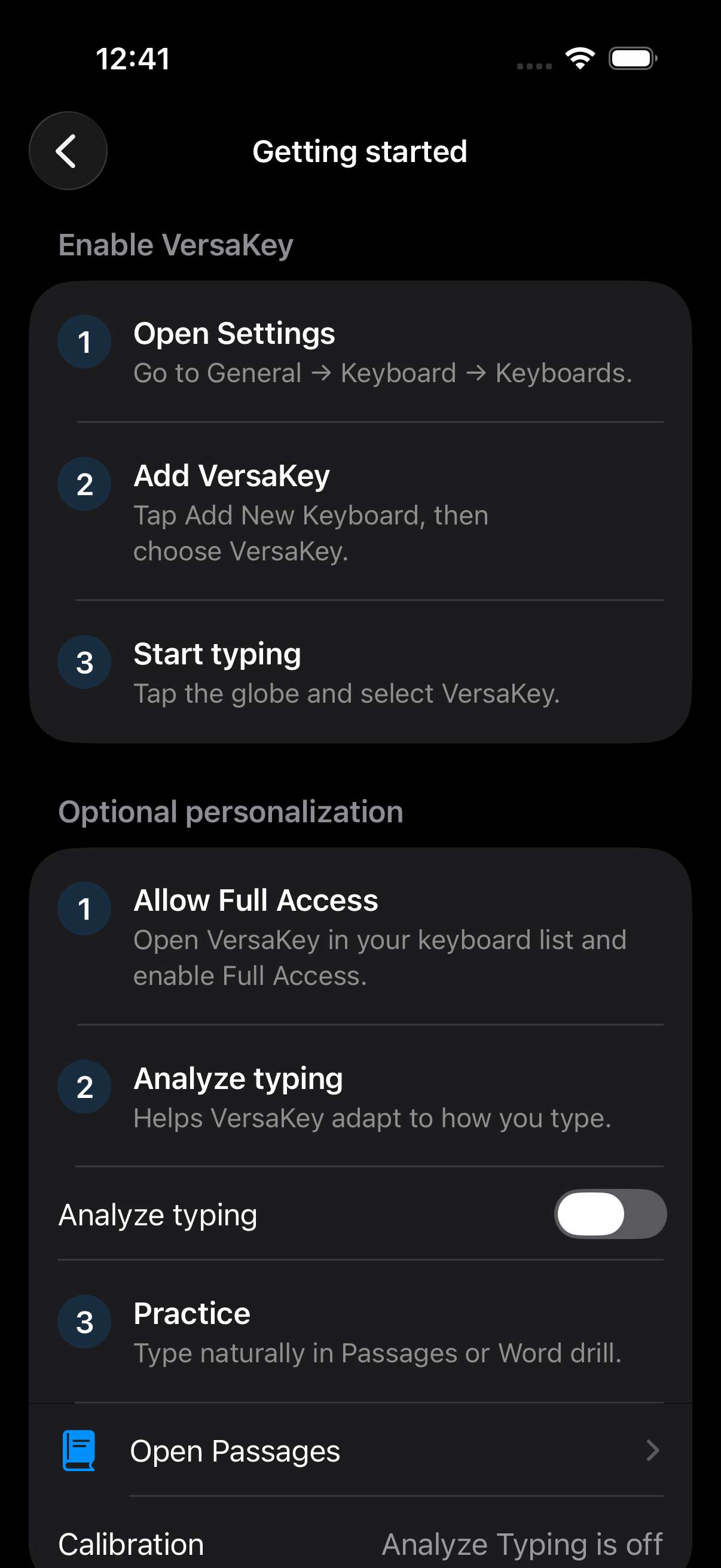VersaKey Getting started screen with setup and personalization steps