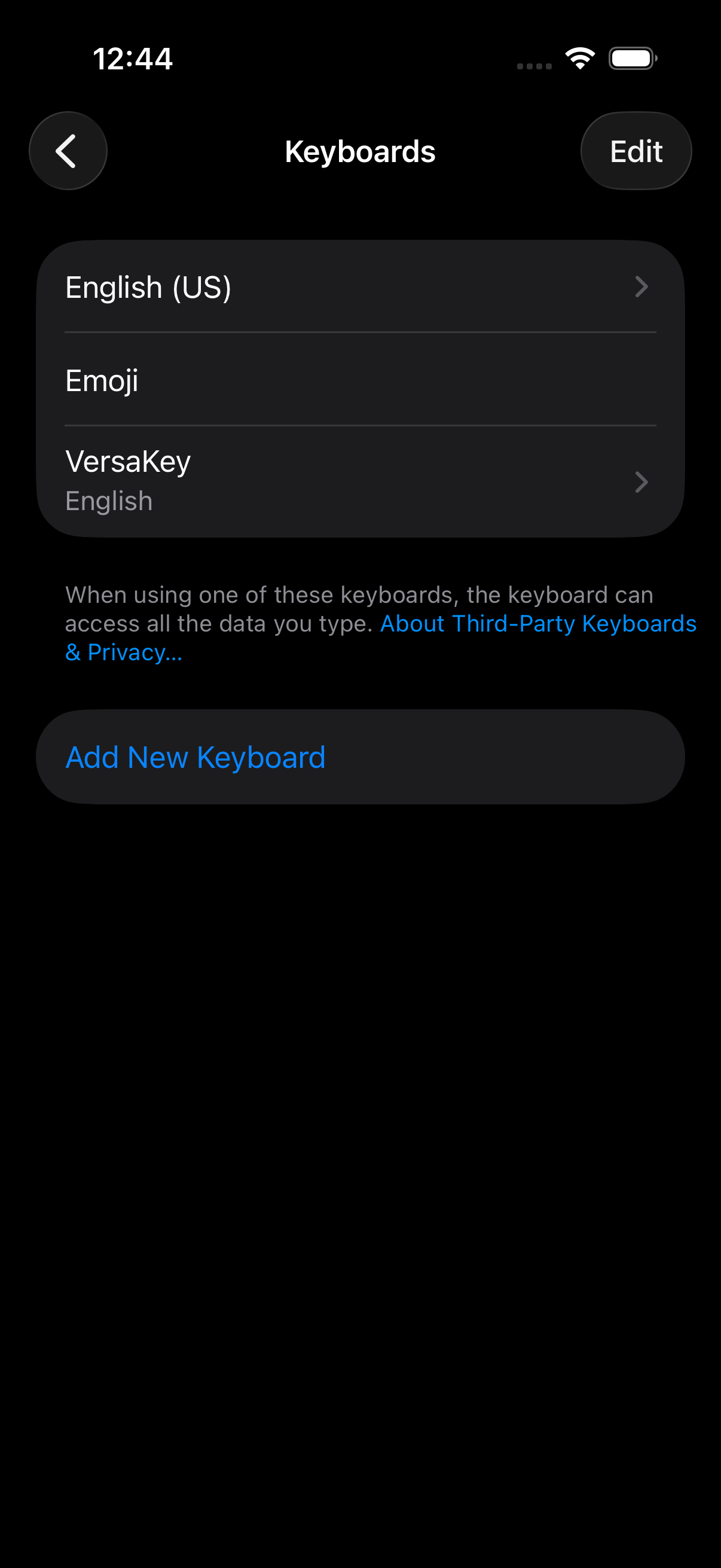 iPhone Keyboards settings showing English, Emoji, and VersaKey