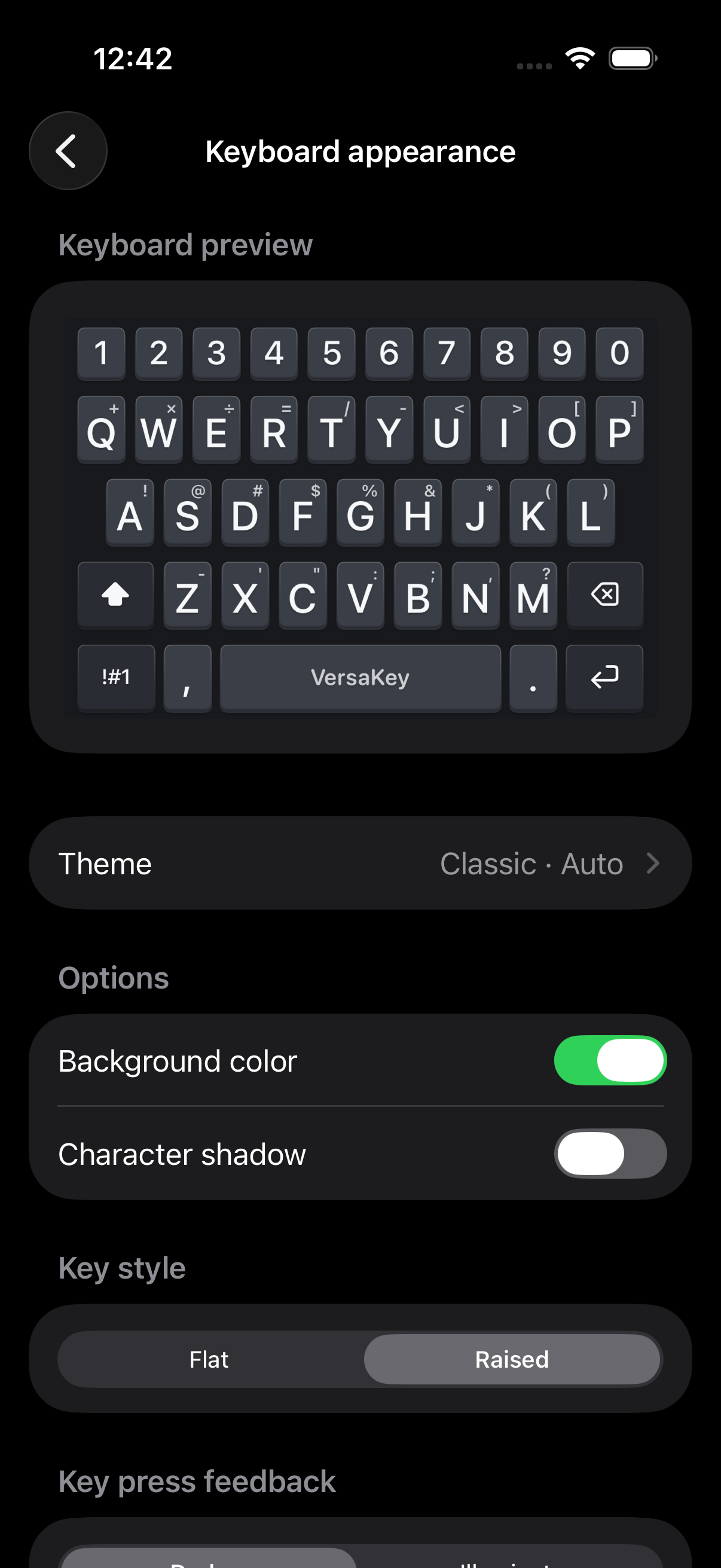 Keyboard appearance settings with preview, background color, key style, and press feedback