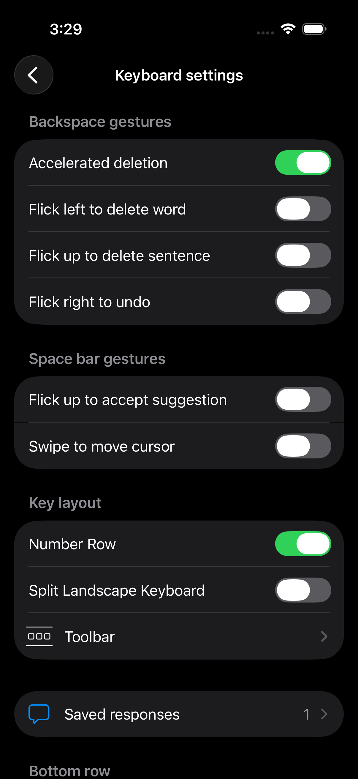 VersaKey Keyboard settings showing gestures, Number Row, Split Landscape Keyboard, Toolbar, and Saved responses