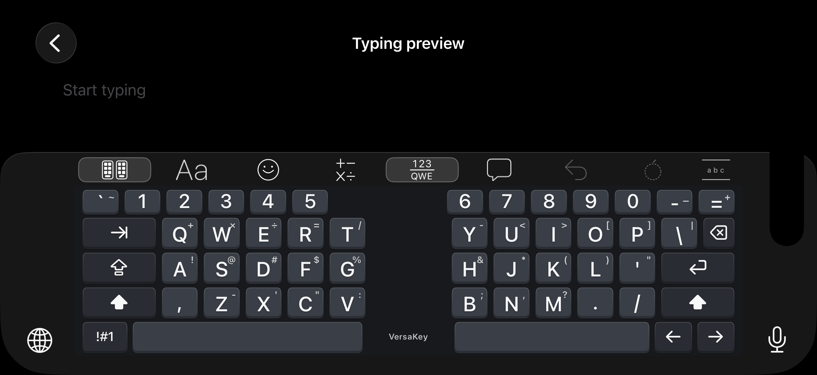 VersaKey Typing preview showing the split landscape keyboard with two key groups, two space bars, number row, toolbar, and cursor arrows