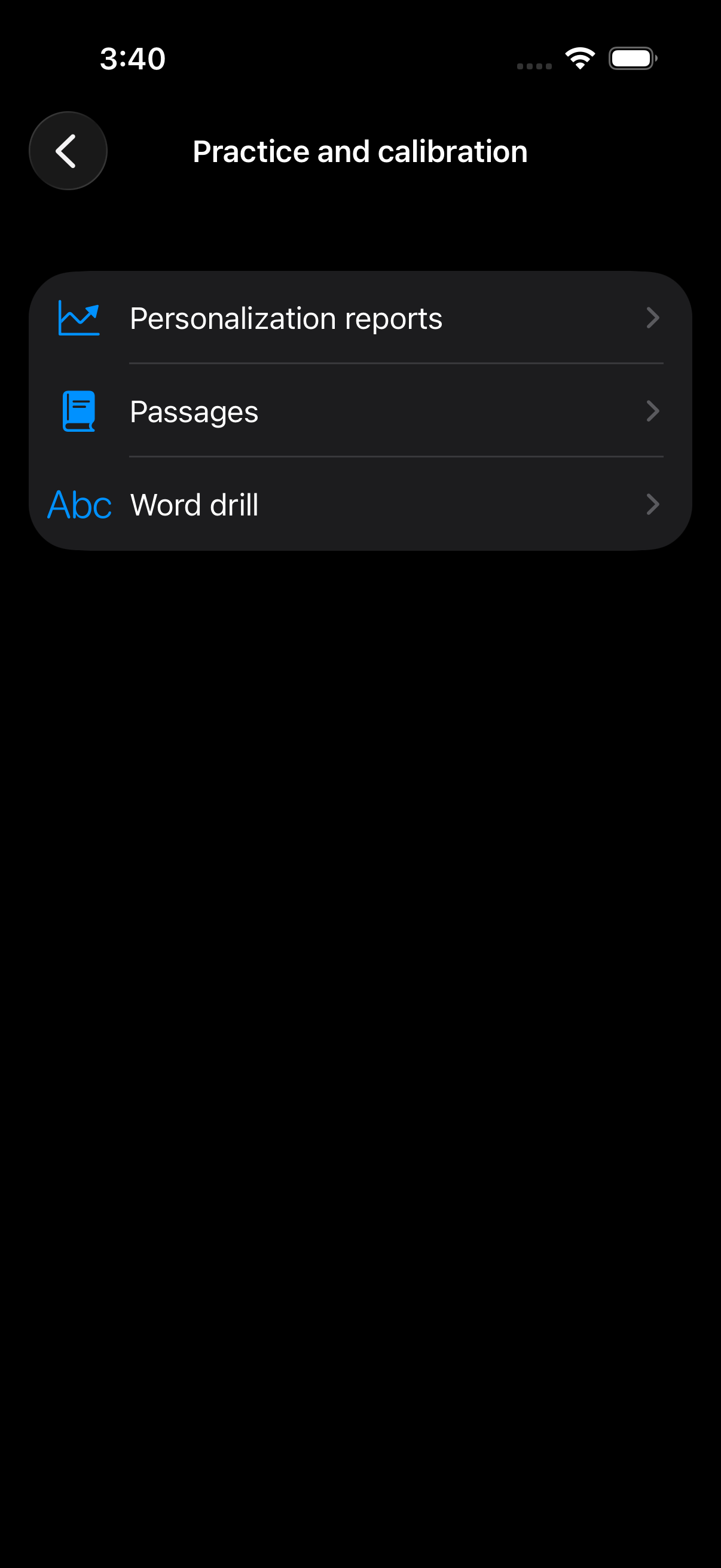 Practice and calibration screen with Personalization reports, Passages, and Word drill