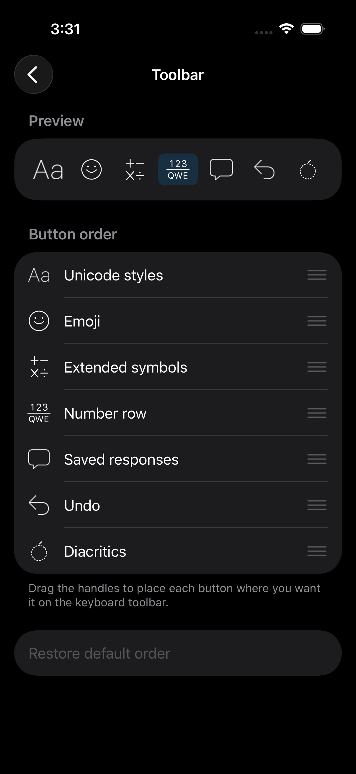 Toolbar settings showing seven current toolbar tools and reorder handles