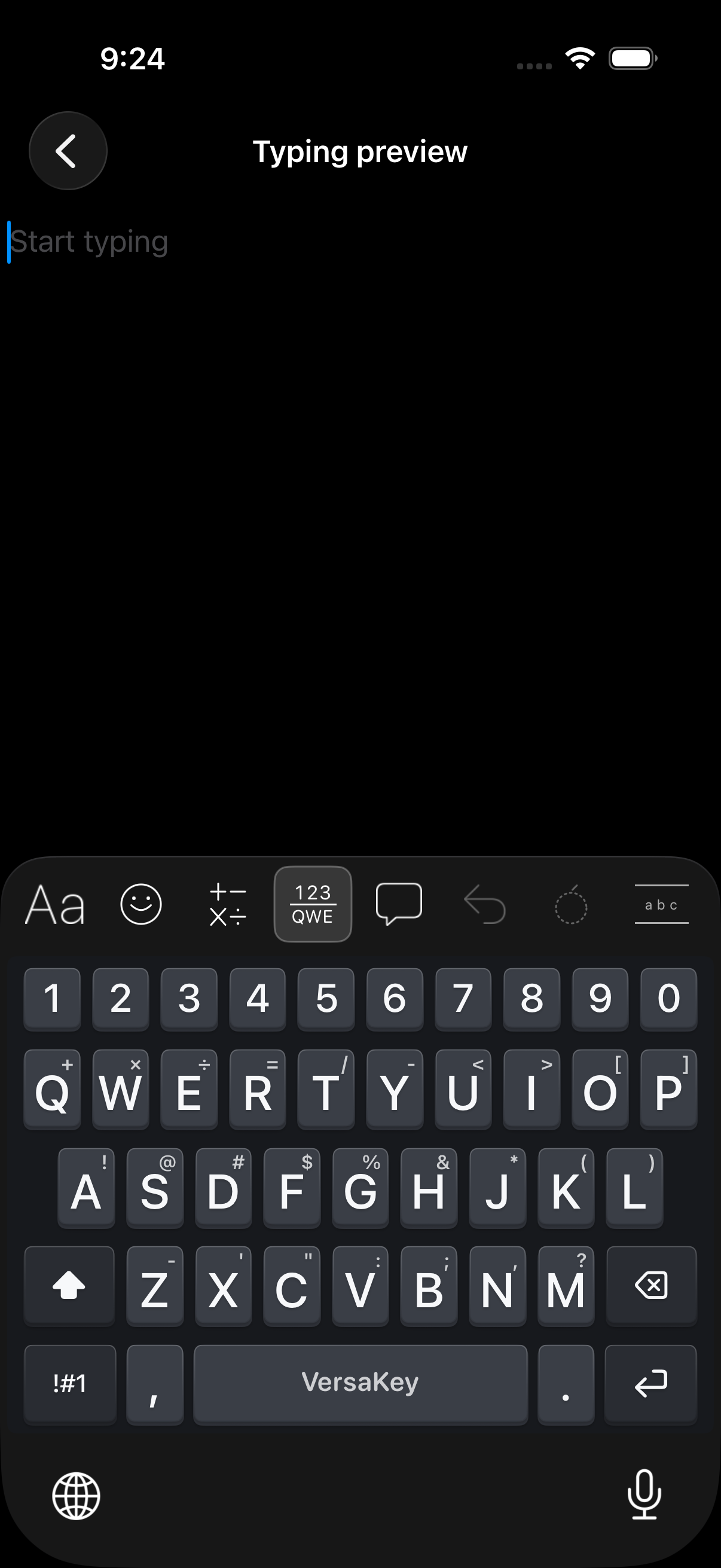 VersaKey keyboard open in the Typing preview screen